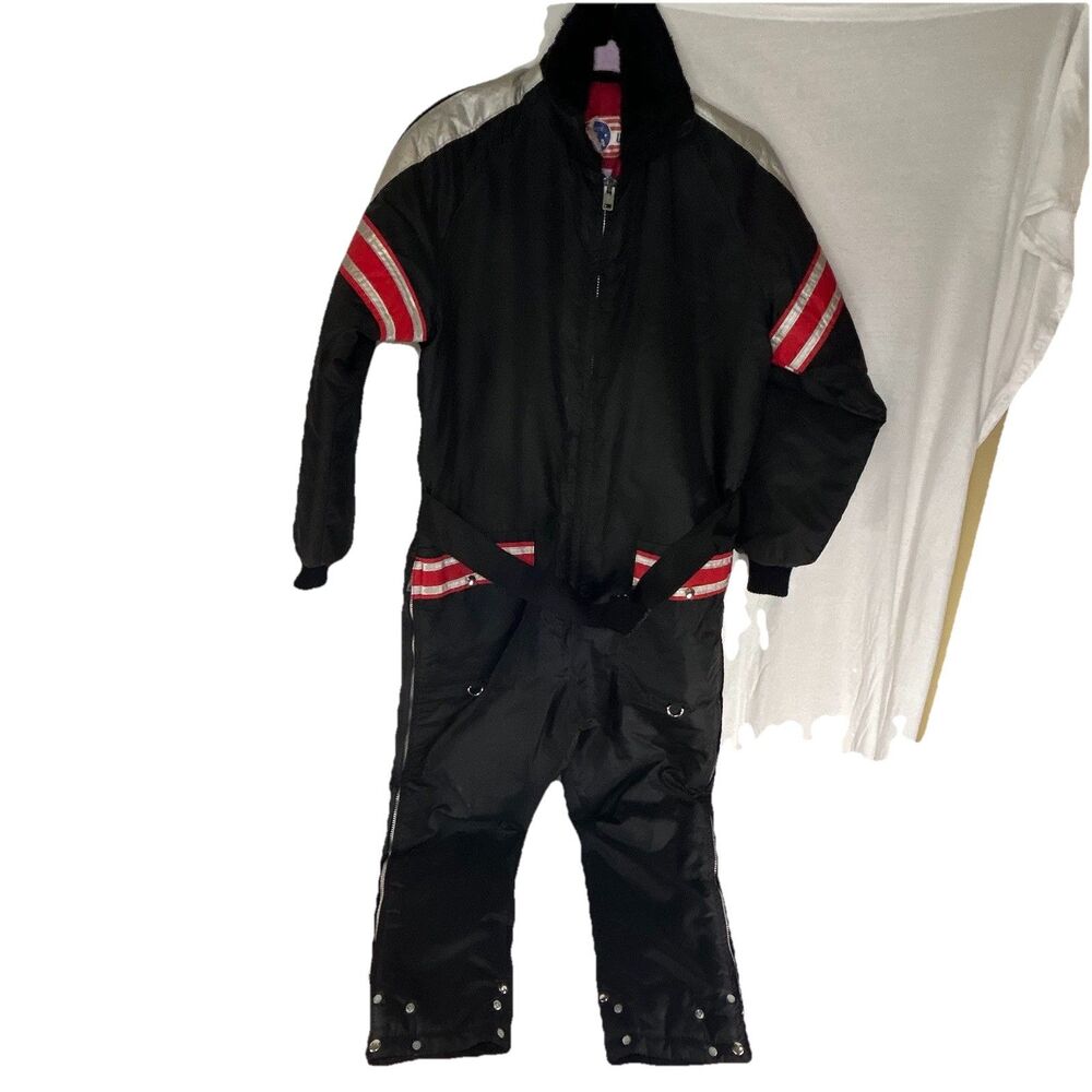 Vintage UPC Snowmobile Suit Ski Made USA‎ Mens Sz Small Black Red WARM Belted